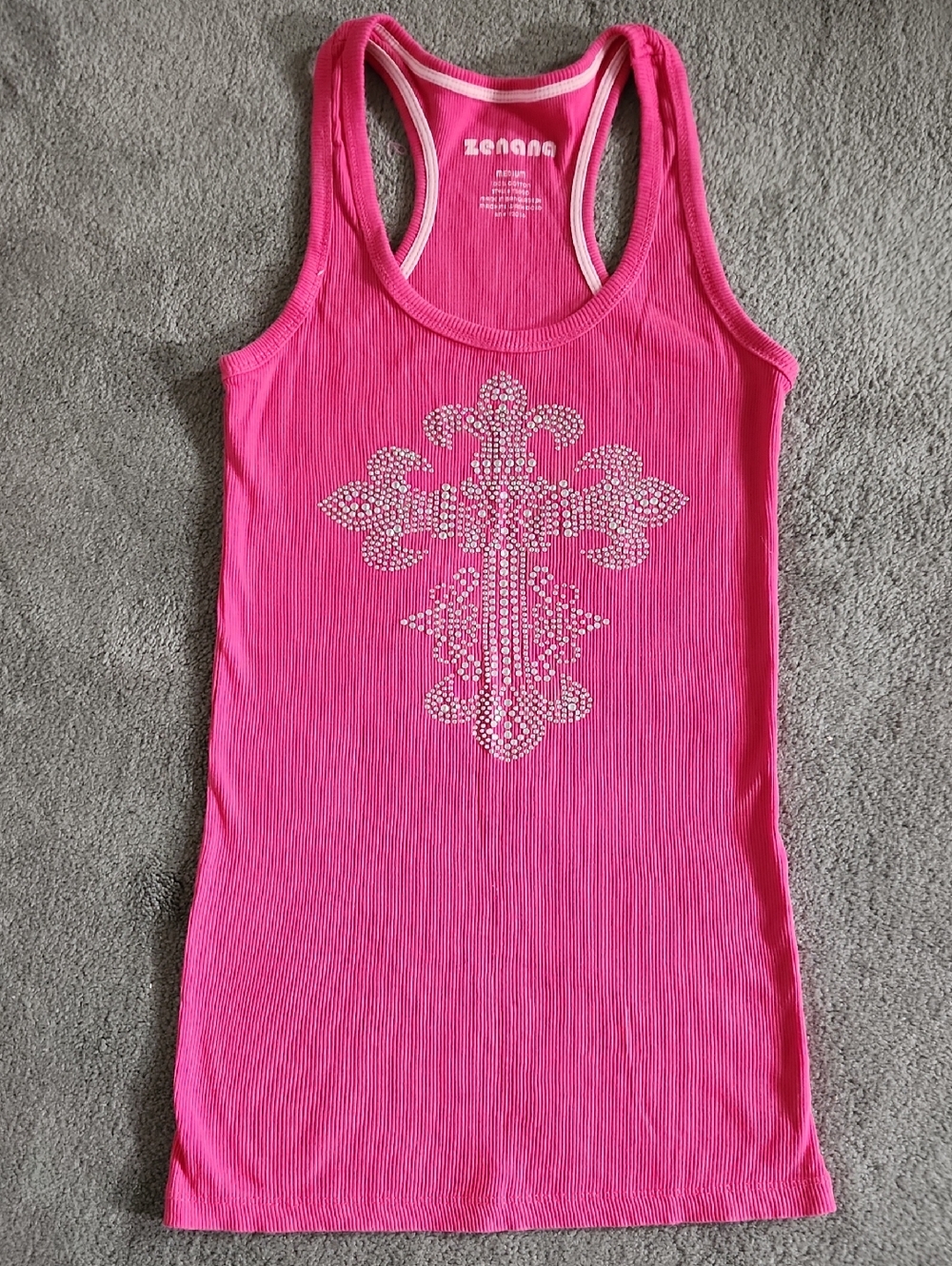 Zenana Outfitters Fuchsia Ribbed Tank with Rhinestone Cross